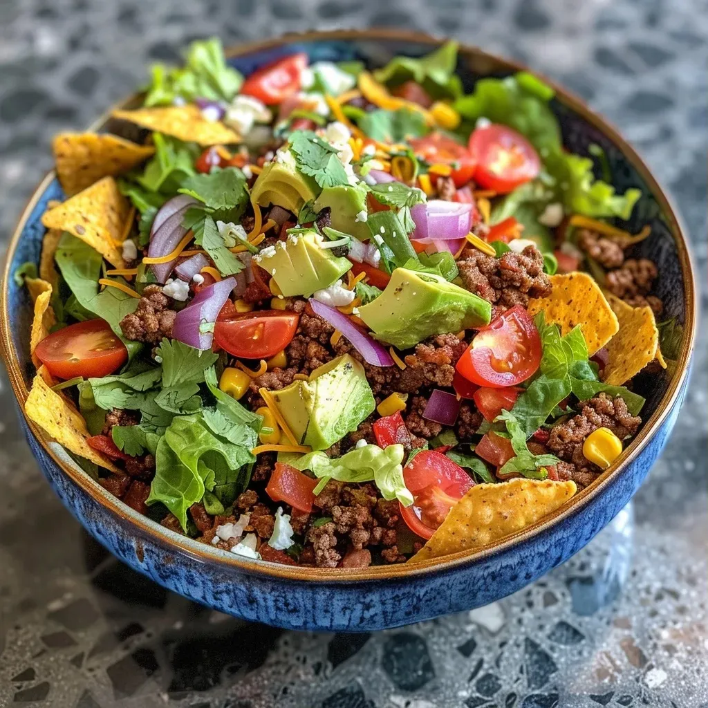 Close-up view of a colorful Beef Taco Salad with fresh ingredients.