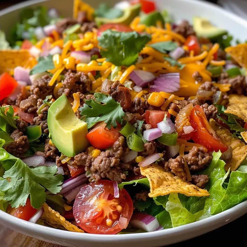 Close-up view of a colorful Beef Taco Salad with fresh ingredients.