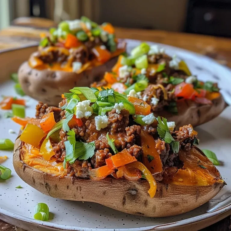 ['Close-up view of Beef Taco Stuffed Sweet Potatoes with toppings.', 'Side angle of a delicious Beef Taco Stuffed Sweet Potato, garnished with lettuce and cheese.', 'Juicy stuffed sweet potato filled with beef, pepper, and onion, displayed on a plate.', 'Appetizing Beef Taco Stuffed Sweet Potatoes drizzled with olive oil, ready to eat.']