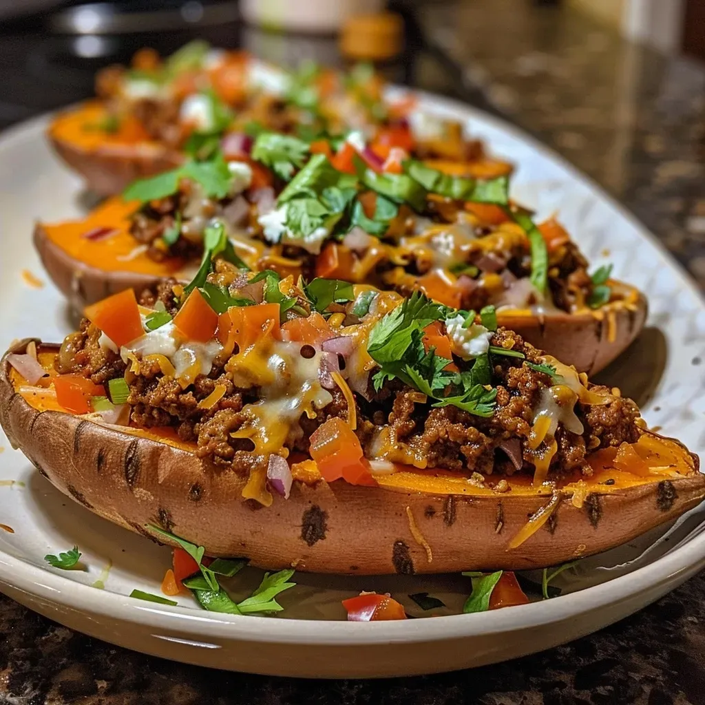 ['Close-up view of Beef Taco Stuffed Sweet Potatoes with toppings.', 'Side angle of a delicious Beef Taco Stuffed Sweet Potato, garnished with lettuce and cheese.', 'Juicy stuffed sweet potato filled with beef, pepper, and onion, displayed on a plate.', 'Appetizing Beef Taco Stuffed Sweet Potatoes drizzled with olive oil, ready to eat.']