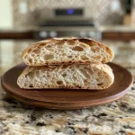 ['Close-up side view of a freshly baked sourdough bread loaf with a golden crust.', "Juicy and crusty beginner's sourdough bread displayed from the side, showcasing its texture.", 'Side perspective of a well-risen sourdough loaf, highlighting its airy structure and crispy exterior.', "Detailed view of a beginner's sourdough bread, featuring a beautifully baked crust and soft interior."]