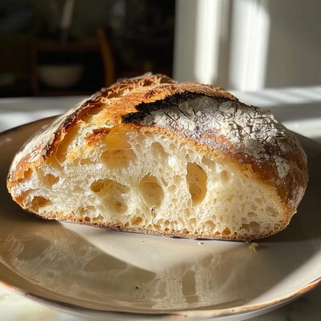 Close-up side view of a freshly baked sourdough bread loaf with a golden crust.