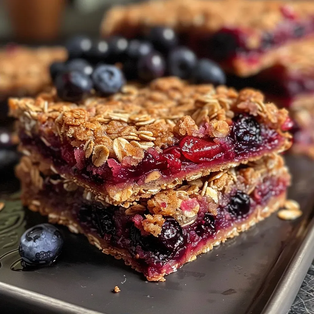 ['Close-up view of juicy berry bars with a crispy crust and vibrant berries on top.', 'Side view of luscious berry bars showcasing fresh blueberries and a golden-brown topping.', 'Detailed shot of berry bars featuring a mix of blueberries and raspberry jam, glistening under light.', 'Close-up of gluten-free berry bars with oats and a rich berry filling, presented in a rustic setting.']