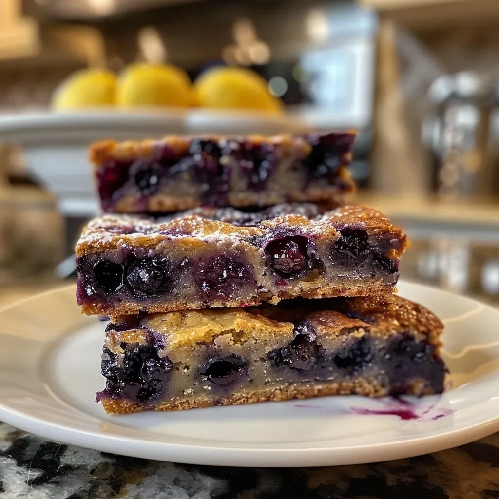 ['Close-up view of a blueberry breakfast bar with a soft texture and vibrant blueberries.', 'A side view of a moist blueberry breakfast bar showcasing its rich color and crumbly topping.', 'Delicious blueberry breakfast bars with juicy blueberries, captured in a close-up perspective.', 'Thick slice of blueberry breakfast bar displaying a golden crust and fresh blueberries.']