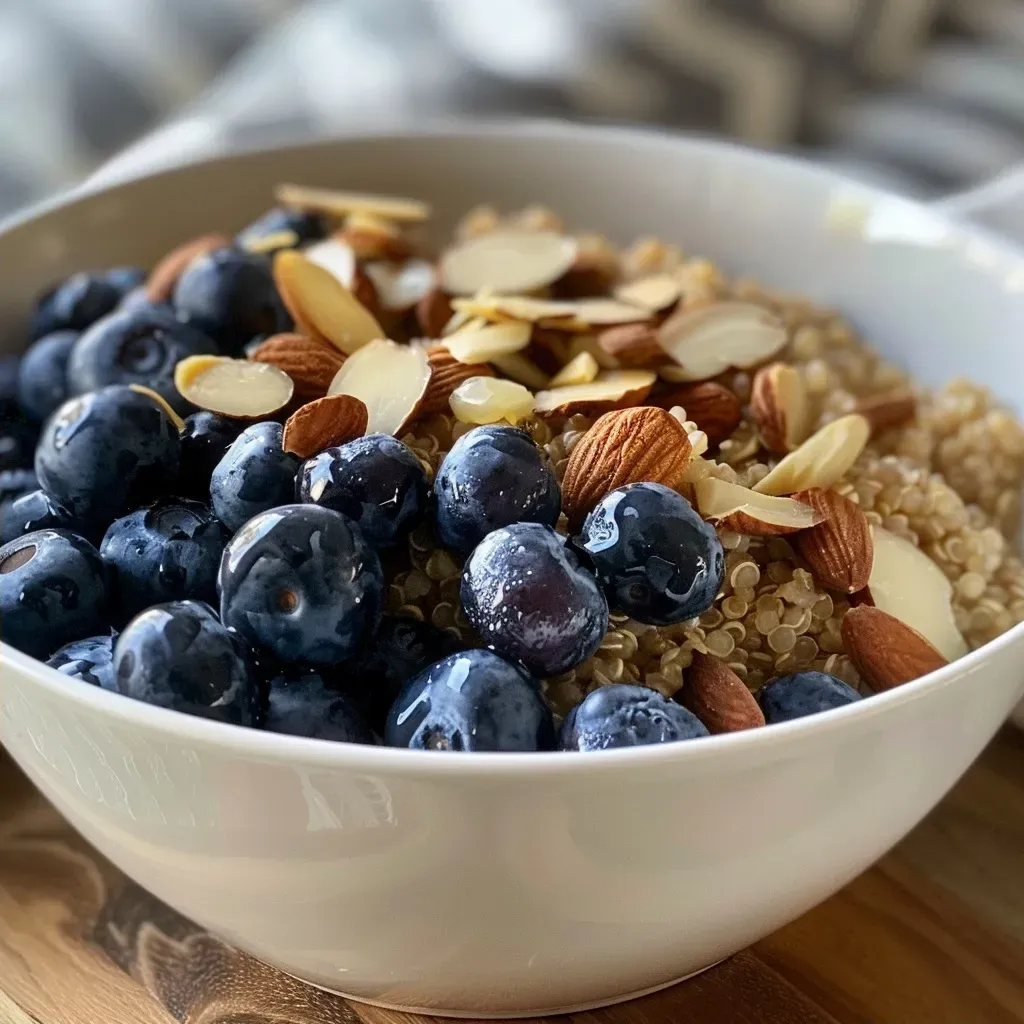 ['Close-up view of a bowl filled with Blueberry Breakfast Quinoa topped with fresh blueberries and sliced almonds.', 'Side view of a vibrant dish showcasing Blueberry Breakfast Quinoa, featuring cooked quinoa, blueberries, and almonds.', 'A detailed close-up of Blueberry Breakfast Quinoa, highlighting the juicy blueberries and almond slices on top.', 'Artistic side perspective of a nourishing Blueberry Breakfast Quinoa dish, with visible ingredients like quinoa, blueberries, and almonds.']