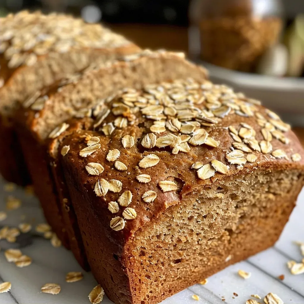 Close-up side view of a loaf of maple oat bread with a golden crust.