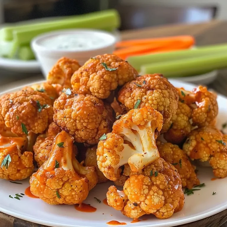 ['Close-up of crispy Buffalo Cauliflower Bites arranged on a plate, garnished with fresh celery sticks.', 'Juicy Buffalo Cauliflower Bites served with ranch dressing and carrot sticks on a wooden table.', 'Side view of golden-brown Buffalo Cauliflower Bites accompanied by a small bowl of hot sauce.', 'Crispy, breaded cauliflower florets coated in spicy sauce, displayed attractively for serving.']