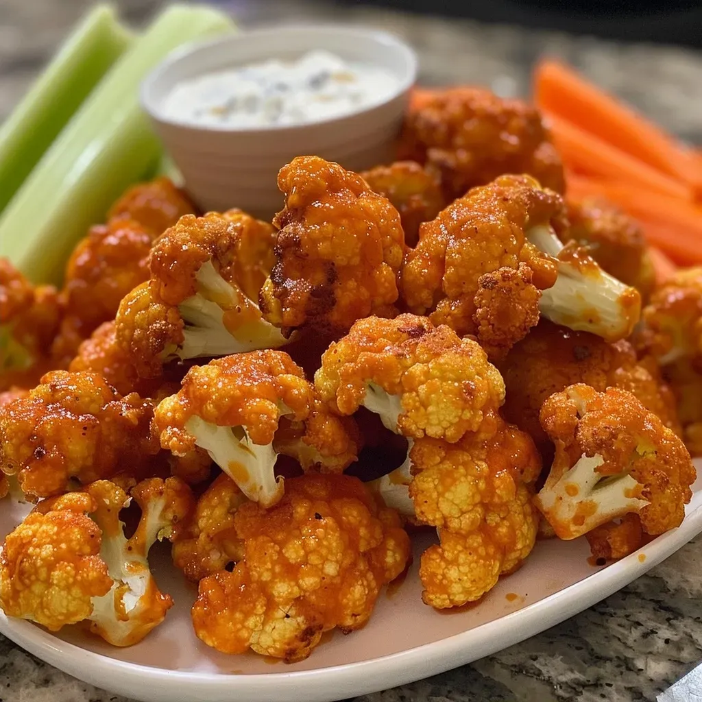 ['Close-up of crispy Buffalo Cauliflower Bites arranged on a plate, garnished with fresh celery sticks.', 'Juicy Buffalo Cauliflower Bites served with ranch dressing and carrot sticks on a wooden table.', 'Side view of golden-brown Buffalo Cauliflower Bites accompanied by a small bowl of hot sauce.', 'Crispy, breaded cauliflower florets coated in spicy sauce, displayed attractively for serving.']