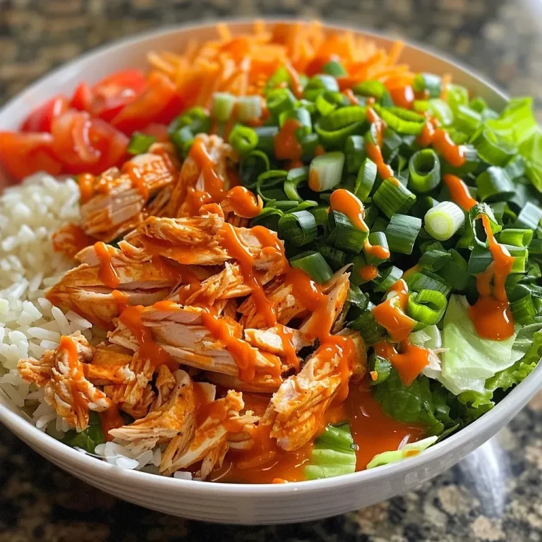 ['A close-up side view of a Buffalo Chicken Bowl filled with colorful ingredients.', 'A vibrant bowl featuring shredded chicken, rice, lettuce, and toppings drizzled with ranch dressing.', 'A detailed view of a Buffalo Chicken Bowl showcasing layers of chicken, vegetables, and cheese.', 'An appetizing Buffalo Chicken Bowl with bright colors and a mixture of fresh ingredients.']