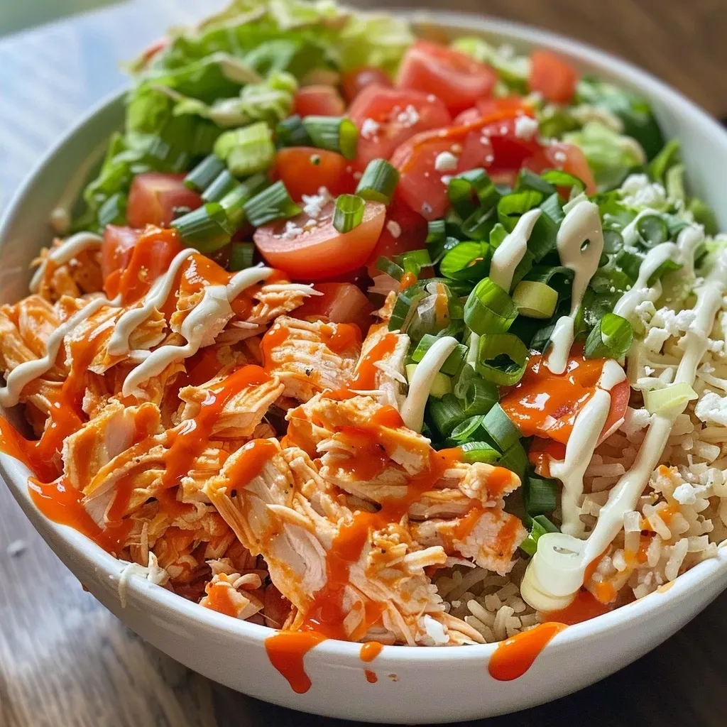 A close-up side view of a Buffalo Chicken Bowl filled with colorful ingredients.