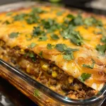 ['Close-up view of a hearty burrito bake topped with melted cheese and garnished with cilantro.', 'Side perspective of a delicious burrito bake, showcasing layers of beef, beans, and tortillas.', 'Tasty burrito bake with a golden crust, surrounded by fresh ingredients like onions and salsa.', 'Juicy burrito bake served in a baking dish, emphasizing gooey cheese and colorful toppings.']