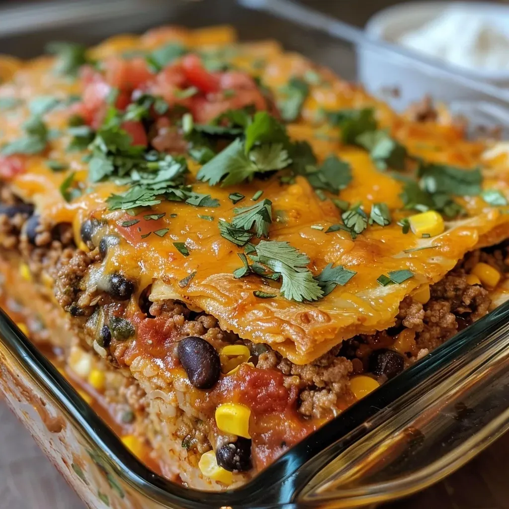 ['Close-up view of a hearty burrito bake topped with melted cheese and garnished with cilantro.', 'Side perspective of a delicious burrito bake, showcasing layers of beef, beans, and tortillas.', 'Tasty burrito bake with a golden crust, surrounded by fresh ingredients like onions and salsa.', 'Juicy burrito bake served in a baking dish, emphasizing gooey cheese and colorful toppings.']
