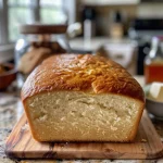 ['Close-up side view of freshly baked buttermilk bread with a golden crust.', 'Side view of a loaf of buttermilk bread showcasing its soft texture and warm color.', 'Detailed view of a slice of buttermilk bread, highlighting its fluffy interior and crispy crust.', 'Close-up of a warm, homemade buttermilk bread loaf resting on a wooden cutting board.']