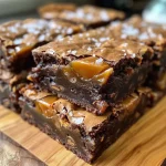 ['Close-up side view of decadent caramel brownies drizzled with caramel.', 'Rich chocolate brownies with a gooey caramel topping and a sprinkle of sea salt.', 'Moist brownies showcased from the side, featuring a luscious caramel layer.', 'Detailed view of caramel brownies, highlighting the chocolate chips and melted caramel.']
