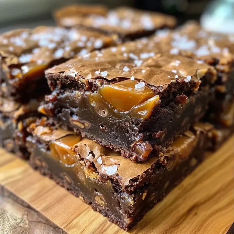 ['Close-up side view of decadent caramel brownies drizzled with caramel.', 'Rich chocolate brownies with a gooey caramel topping and a sprinkle of sea salt.', 'Moist brownies showcased from the side, featuring a luscious caramel layer.', 'Detailed view of caramel brownies, highlighting the chocolate chips and melted caramel.']