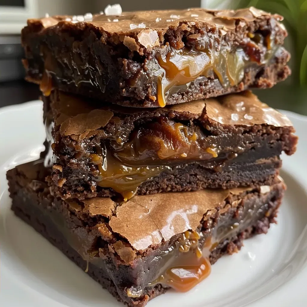 ['Close-up side view of decadent caramel brownies drizzled with caramel.', 'Rich chocolate brownies with a gooey caramel topping and a sprinkle of sea salt.', 'Moist brownies showcased from the side, featuring a luscious caramel layer.', 'Detailed view of caramel brownies, highlighting the chocolate chips and melted caramel.']