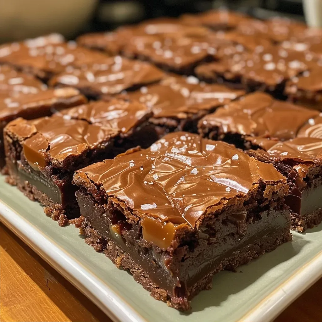 ['Close-up view of decadent caramel brownies, showcasing a rich, glossy top layer.', 'Side angle of freshly baked caramel brownies, highlighting their moist texture and caramel drizzle.', 'Tasty caramel brownies with chocolate chunks, viewed from the side, emphasizing their gooey center.', 'Close-up of caramel brownies, featuring a sprinkle of flaky sea salt on top, exuding a homemade appeal.']