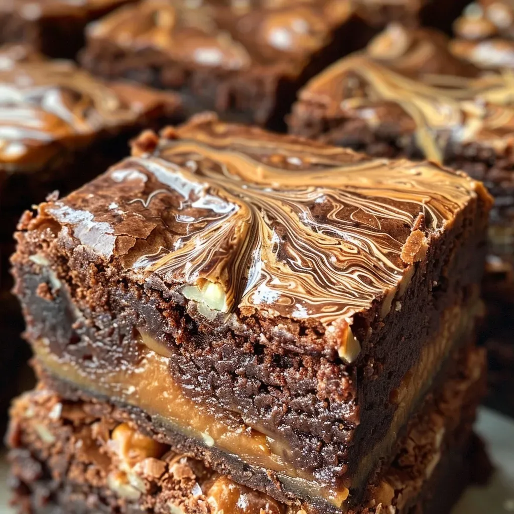 ['Close-up view of Caramel Swirl Brownies showcasing the glossy caramel and chocolate layers.', 'Side profile of rich Caramel Swirl Brownies with a shiny caramel topping and nuts.', 'Juicy Caramel Swirl Brownies displayed with a focus on caramel drizzles and chocolate texture.', 'Tempting Caramel Swirl Brownies featuring a mixture of chocolate and caramel with walnuts.']