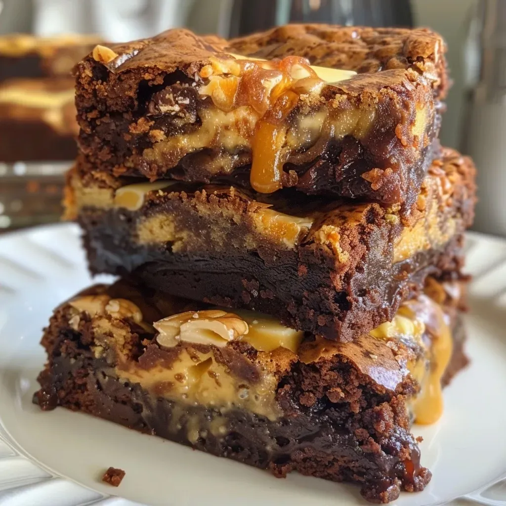 ['Close-up view of Caramel Swirl Brownies showcasing the glossy caramel and chocolate layers.', 'Side profile of rich Caramel Swirl Brownies with a shiny caramel topping and nuts.', 'Juicy Caramel Swirl Brownies displayed with a focus on caramel drizzles and chocolate texture.', 'Tempting Caramel Swirl Brownies featuring a mixture of chocolate and caramel with walnuts.']