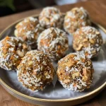 ['Close-up of Carrot Cake Energy Balls rolled in coconut flakes.', 'Side view of tasty Carrot Cake Energy Balls with a vibrant orange hue.', 'Juicy Carrot Cake Energy Balls displayed on a wooden surface.', 'Visually appealing cluster of Carrot Cake Energy Balls showcasing their texture.']