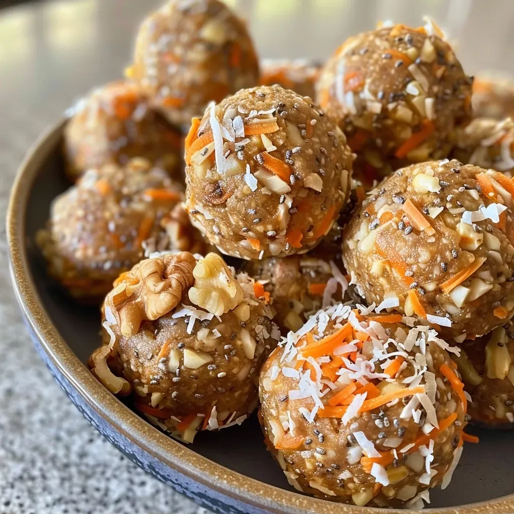 ['Close-up of Carrot Cake Energy Balls rolled in coconut flakes.', 'Side view of tasty Carrot Cake Energy Balls with a vibrant orange hue.', 'Juicy Carrot Cake Energy Balls displayed on a wooden surface.', 'Visually appealing cluster of Carrot Cake Energy Balls showcasing their texture.']