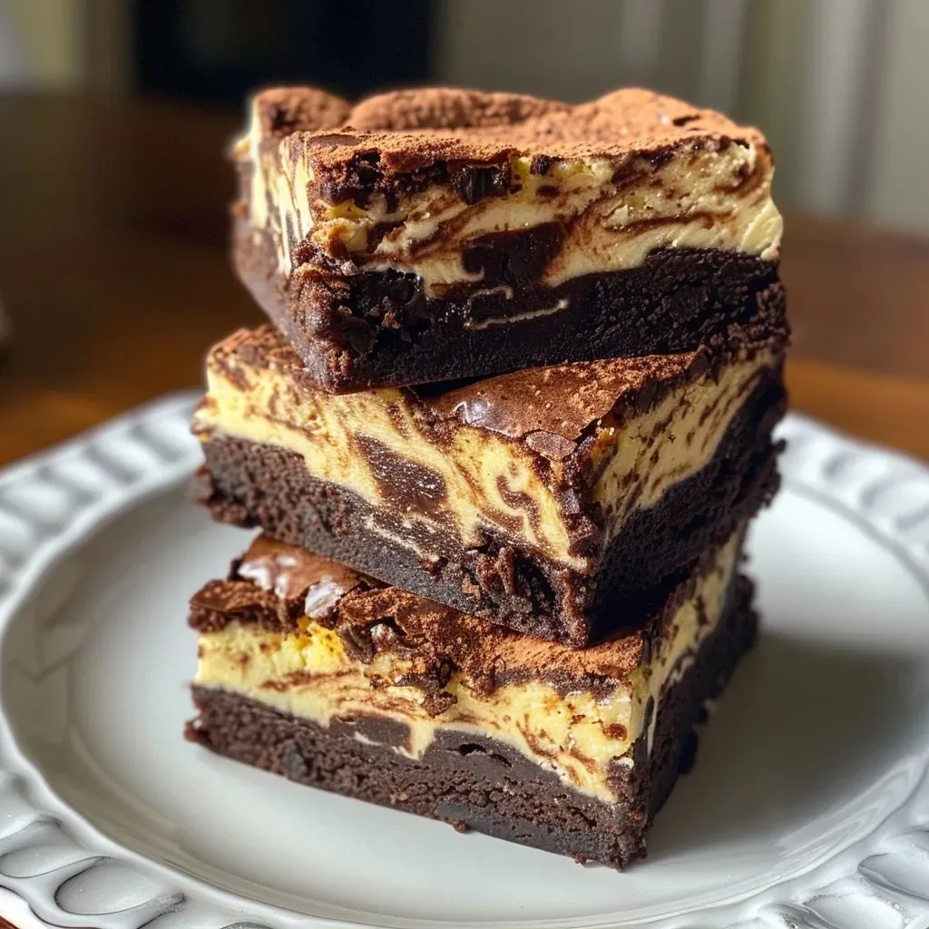 ['Close-up view of decadent Cheesecake Marble Brownies with a creamy swirl.', 'Side view of rich Cheesecake Marble Brownies showcasing a marbled cream cheese topping.', 'Juicy, layered Cheesecake Marble Brownies with a glossy chocolate finish.', 'Detailed side shot of Cheesecake Marble Brownies featuring a cheesecake swirl.']