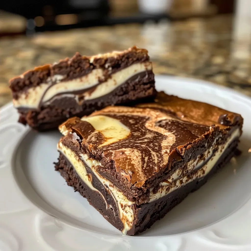 ['Close-up view of decadent Cheesecake Marble Brownies with a creamy swirl.', 'Side view of rich Cheesecake Marble Brownies showcasing a marbled cream cheese topping.', 'Juicy, layered Cheesecake Marble Brownies with a glossy chocolate finish.', 'Detailed side shot of Cheesecake Marble Brownies featuring a cheesecake swirl.']