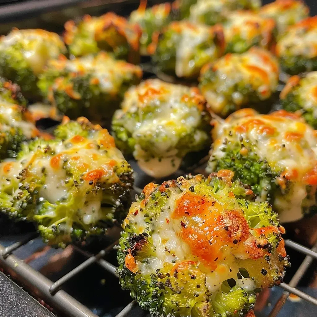 ['Close-up view of golden crispy Cheesy Baked Broccoli Bites on a plate.', 'Side angle of Cheesy Baked Broccoli Bites with melted cheese and green broccoli visible.', 'Juicy Cheesy Baked Broccoli Bites garnished on a rustic wooden surface.', 'Deliciously baked broccoli bites highlighting cheesy texture and vibrant color.']