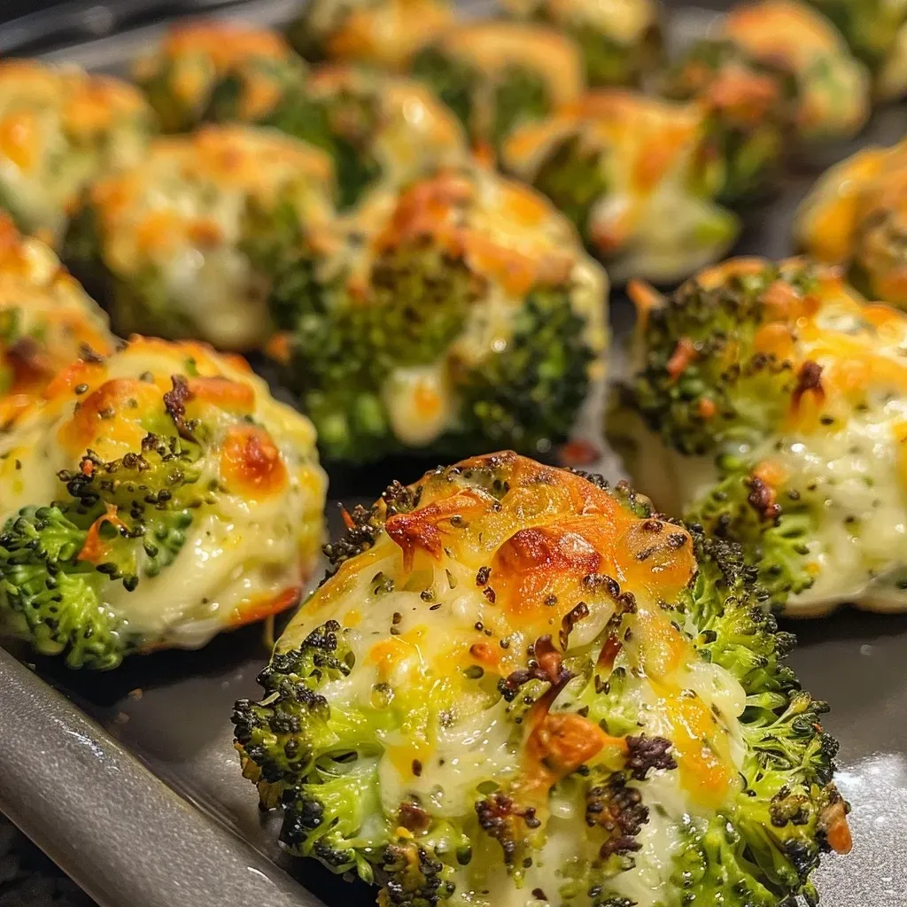 ['Close-up view of golden crispy Cheesy Baked Broccoli Bites on a plate.', 'Side angle of Cheesy Baked Broccoli Bites with melted cheese and green broccoli visible.', 'Juicy Cheesy Baked Broccoli Bites garnished on a rustic wooden surface.', 'Deliciously baked broccoli bites highlighting cheesy texture and vibrant color.']