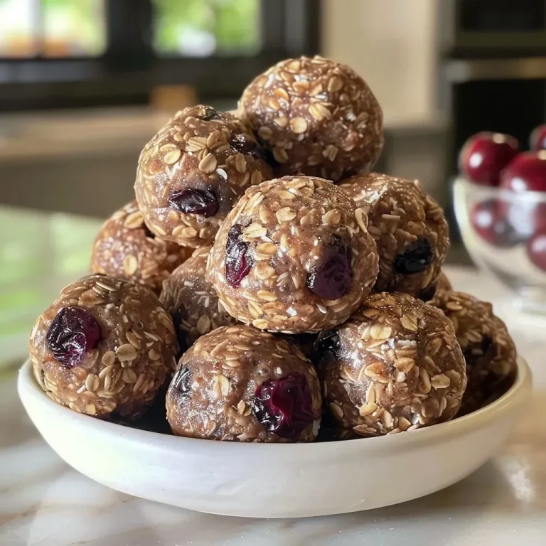 ['Close-up of Cherry Almond Butter Energy Balls with visible ingredients.', 'Side view of bite-sized Cherry Almond Butter Energy Balls on a wooden surface.', 'Juicy Cherry Almond Butter Energy Balls featuring chunks of cherries and chocolate.', 'Colorful Cherry Almond Butter Energy Balls arranged in a neat pile.']