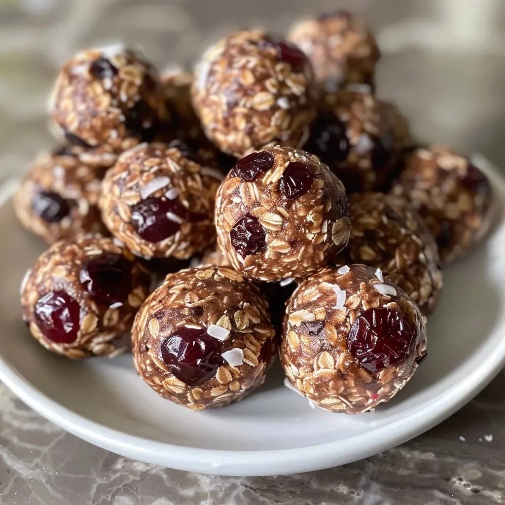 Close-up of Cherry Almond Butter Energy Balls with visible ingredients.