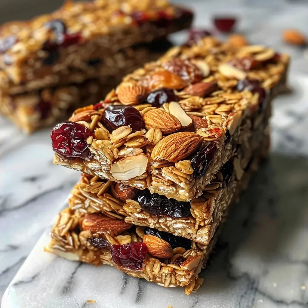 Close-up view of Cherry Almond Granola Bars with a texture-rich surface.