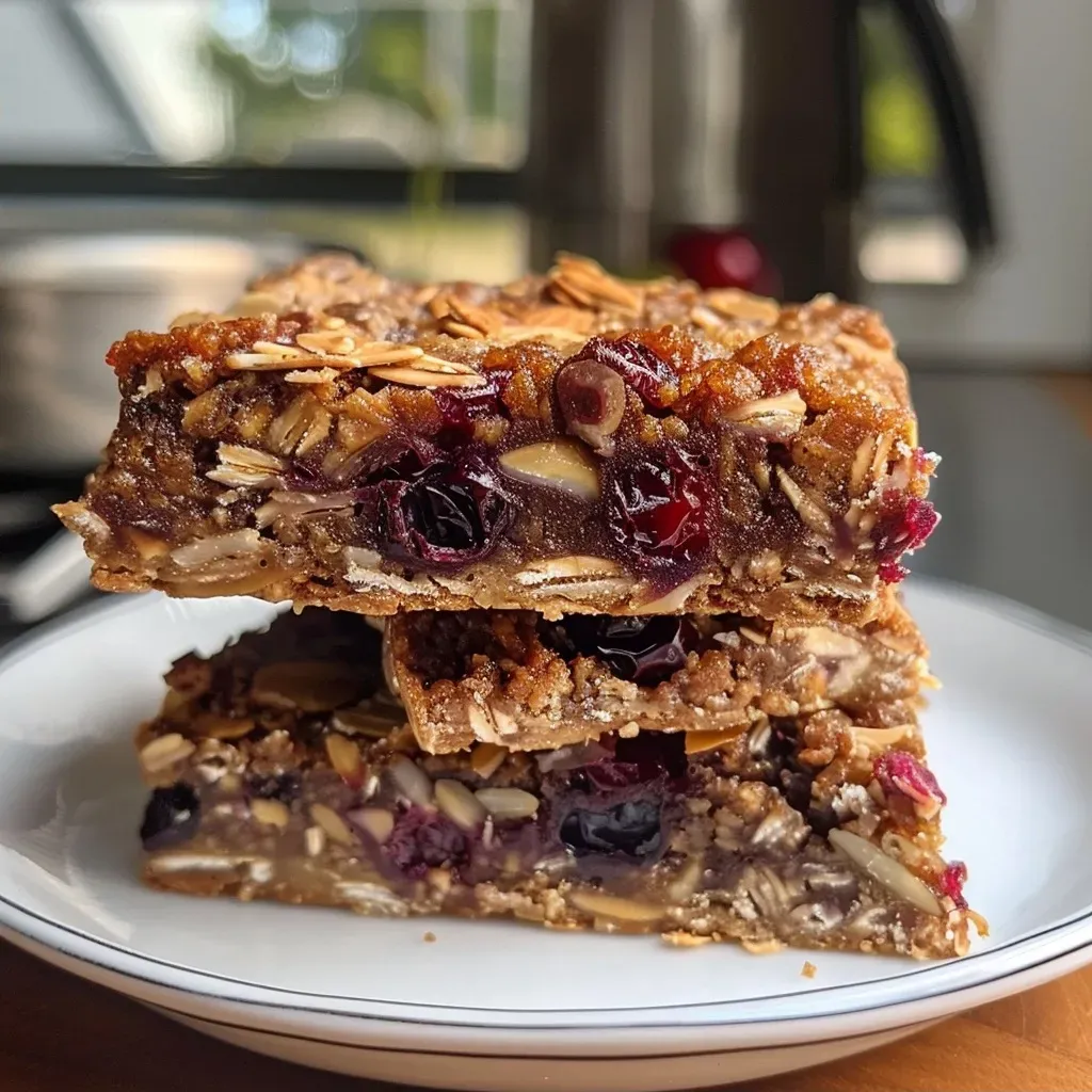['Close-up side view of Cherry Breakfast Bars with a glossy cherry topping.', 'Juicy Cherry Breakfast Bars displayed on a light background, showcasing their texture.', 'Delicious Cherry Breakfast Bars featuring chopped almonds and fresh cherries.', 'Side view of homemade Cherry Breakfast Bars with a crumbly oat topping.']