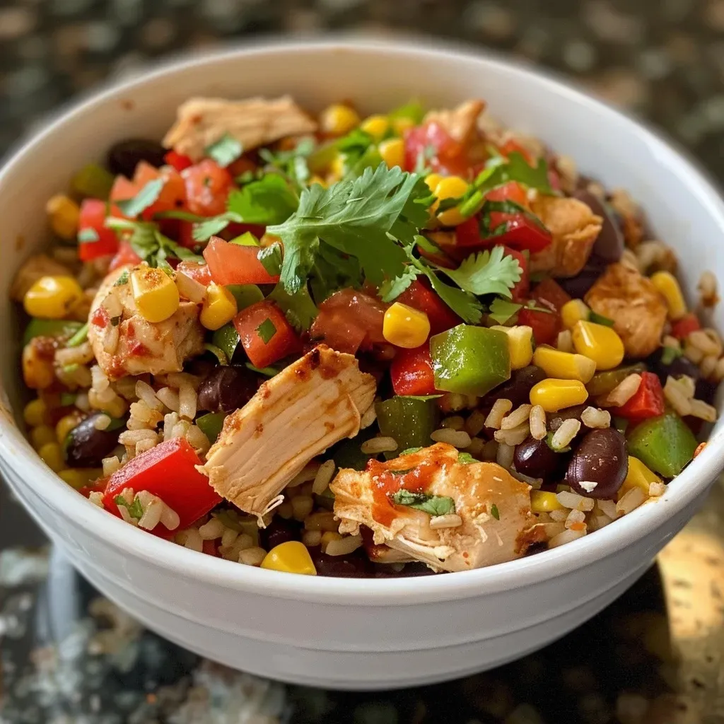 ['Close-up of a chicken and rice bowl topped with mango cucumber salsa and avocado.', 'Delicious chicken and rice bowl with vibrant salsa and fresh greens on the side.', 'Side view of a hearty chicken and rice bowl garnished with lime and cilantro.', 'Colorful chicken and rice bowl featuring juicy chicken, rice, and fresh toppings.']