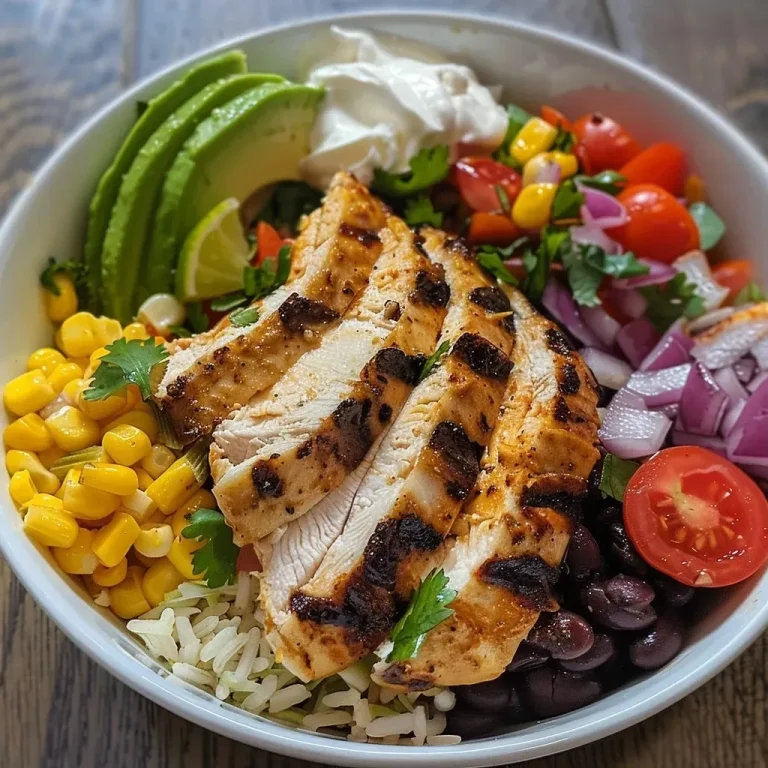 ['A close-up side view of a Chicken Burrito Bowl with vibrant ingredients.', 'Juicy Chicken Burrito Bowl featuring rice, beans, corn, and fresh toppings.', 'A colorful Chicken Burrito Bowl styled with lime, avocado, and cheese.', 'A detailed shot of a Chicken Burrito Bowl displaying layers of chicken and vegetables.']