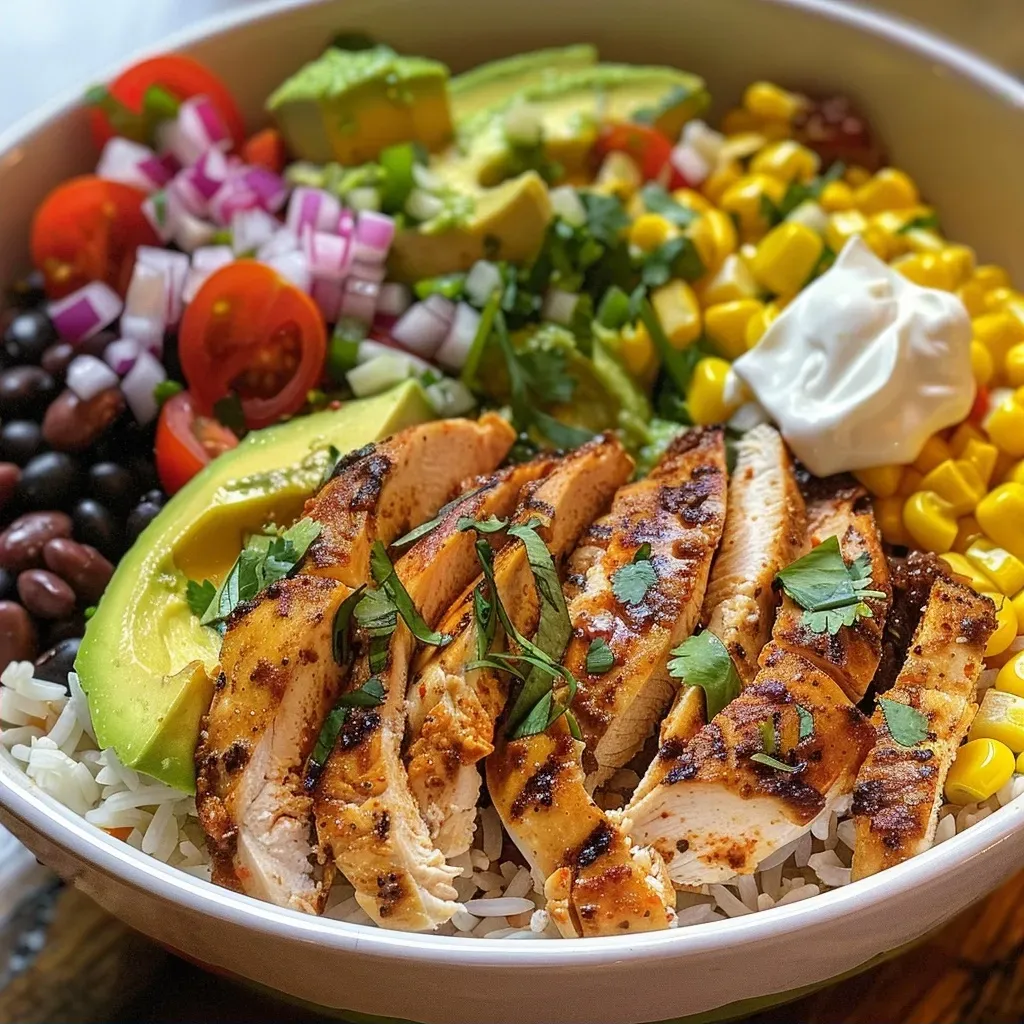A close-up side view of a Chicken Burrito Bowl with vibrant ingredients.
