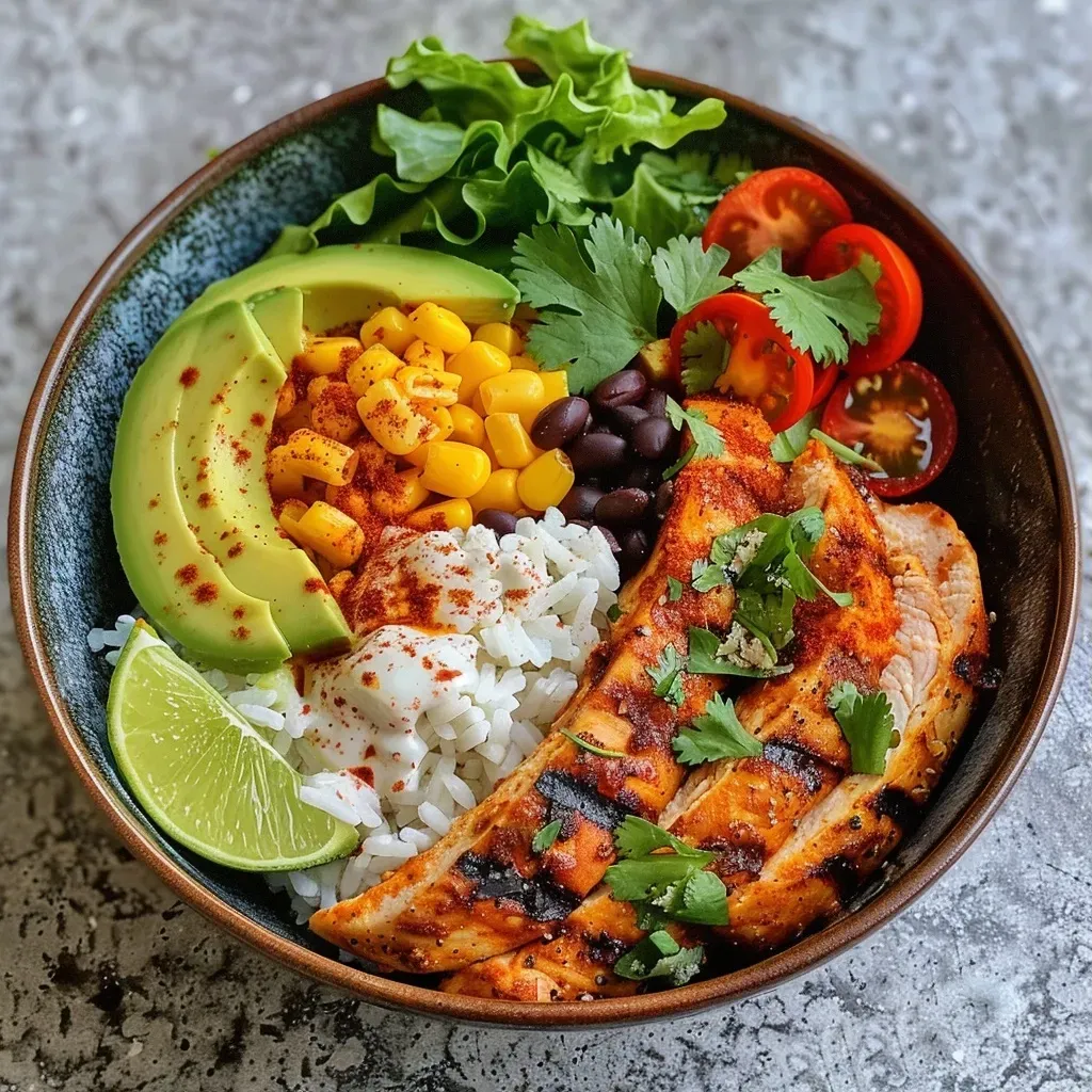 Close-up view of a Chicken Taco Bowl featuring colorful ingredients.