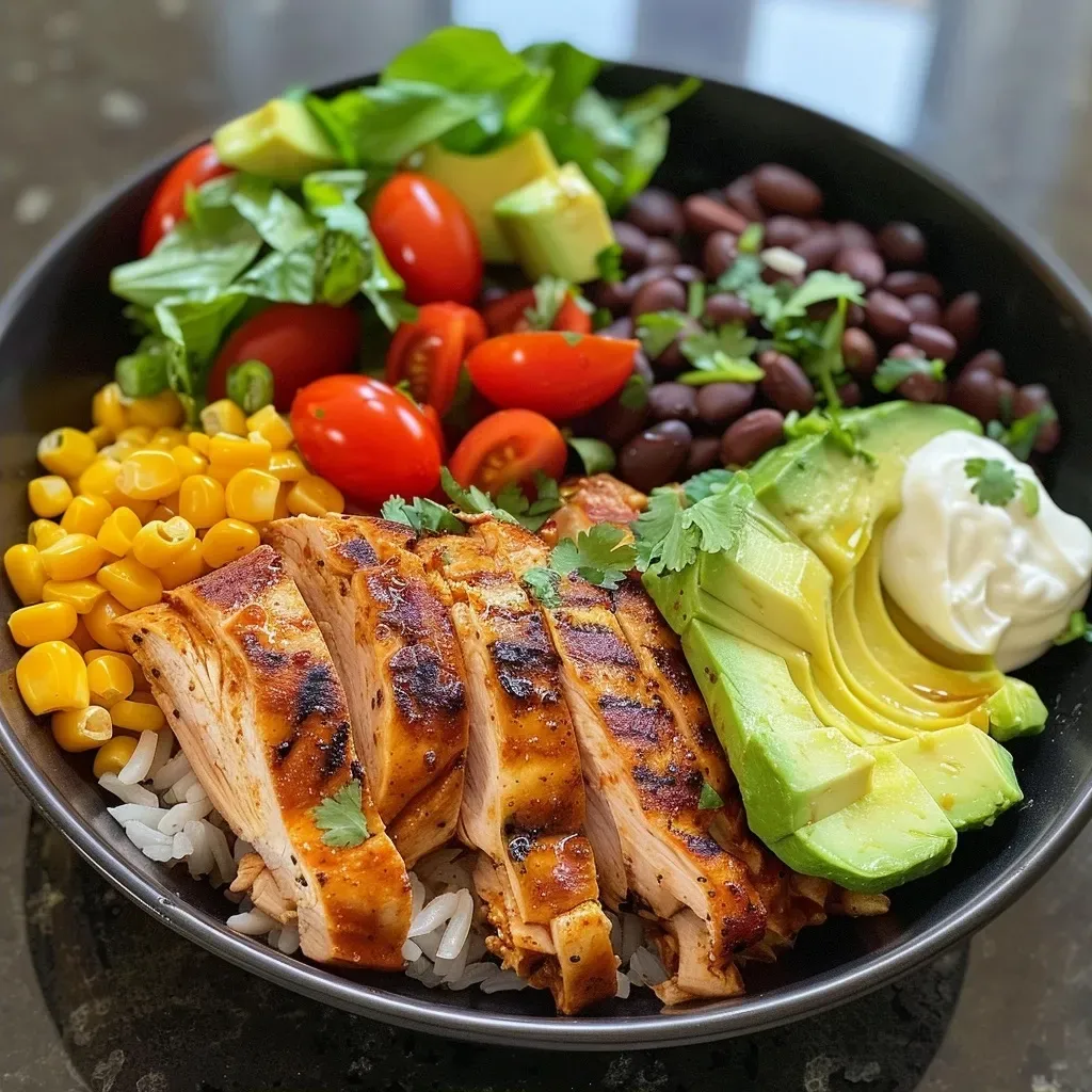 Close-up view of a Chicken Taco Bowl featuring colorful ingredients.