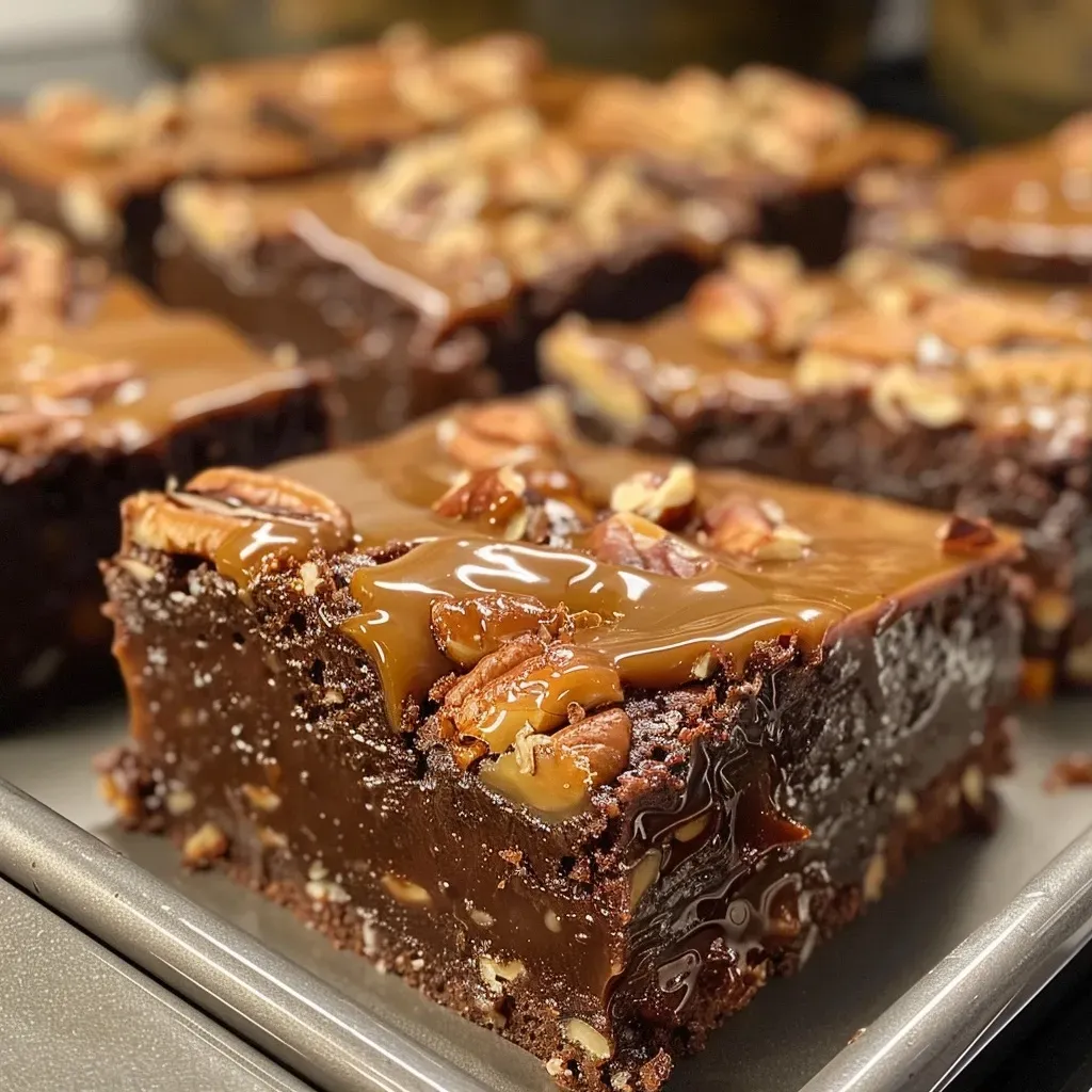 Side view of a decadent chocolate caramel brownie with a gooey caramel layer.