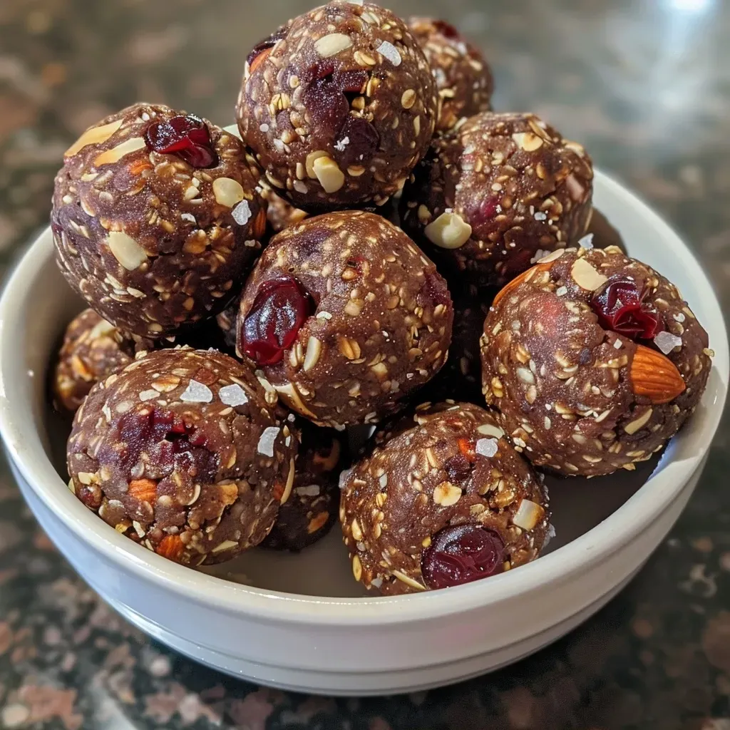 Close-up view of chocolate cherry energy bites with a glossy surface.