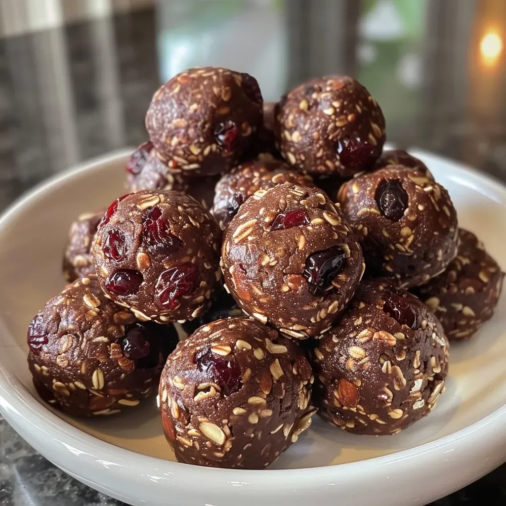 Close-up view of chocolate cherry energy bites with a glossy surface.