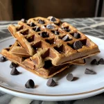 ['A close-up side view of golden-brown chocolate chip protein waffles stacked on a plate, glistening with melted chocolate chips.', 'Juicy chocolate chip protein waffles displayed on a rustic wooden table, showcasing their fluffy texture and rich chocolate pieces.', 'A delicious serving of chocolate chip protein waffles, highlighting their crispy edges and soft interior, garnished with chocolate chips.', 'Side view of freshly made chocolate chip protein waffles with chocolate chips visible, set against a simple background.']