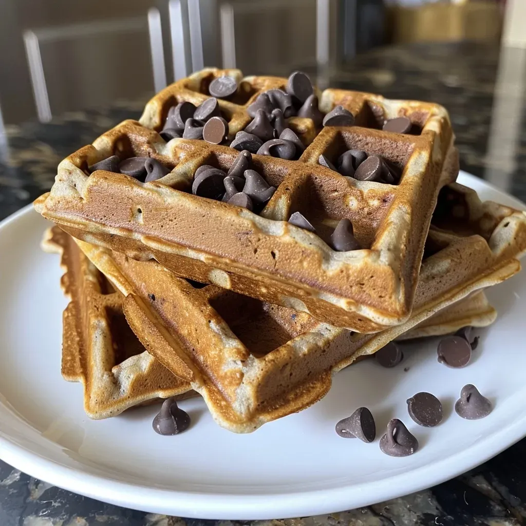 ['A close-up side view of golden-brown chocolate chip protein waffles stacked on a plate, glistening with melted chocolate chips.', 'Juicy chocolate chip protein waffles displayed on a rustic wooden table, showcasing their fluffy texture and rich chocolate pieces.', 'A delicious serving of chocolate chip protein waffles, highlighting their crispy edges and soft interior, garnished with chocolate chips.', 'Side view of freshly made chocolate chip protein waffles with chocolate chips visible, set against a simple background.']