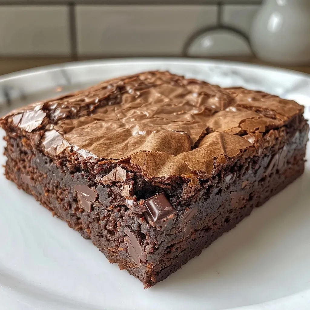 ['Close-up of a decadent chocolate chunk brownie with gooey chocolate pieces.', 'Side view of a rich chocolate brownie featuring melted chocolate chunks.', 'Juicy, chocolate chunk brownie with a shiny top and soft texture.', 'Deliciously thick chocolate brownie showing visible chocolate chunks on the surface.']