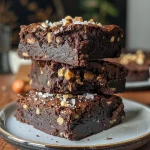 ['Close-up of rich chocolate hazelnut espresso brownies with a glossy top.', 'Side view of decadent brownies topped with flaky sea salt, showcasing chocolate and hazelnut layers.', 'Juicy chocolate hazelnut espresso brownies with a dark, fudgy exterior and a hint of espresso.', 'A mouthwatering slice of brownies featuring chocolate chunks and a drizzle of hazelnut spread.']