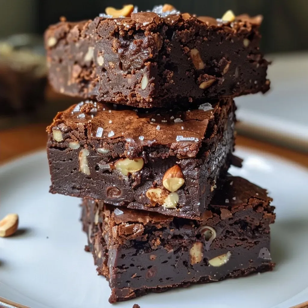 Close-up of rich chocolate hazelnut espresso brownies with a glossy top.