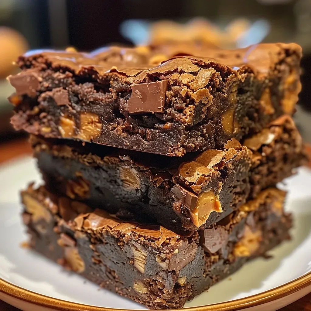 ['A close-up side view of homemade chocolate peanut butter brownies, showcasing a rich, gooey texture.', 'Juicy chocolate peanut butter brownies with a glossy top, highlighting their decadent layers.', 'Side view of brownies displaying a chocolate exterior with a creamy peanut butter swirl on top.', 'A detailed shot of chocolate peanut butter brownies, emphasizing their moistness and indulgent look.']