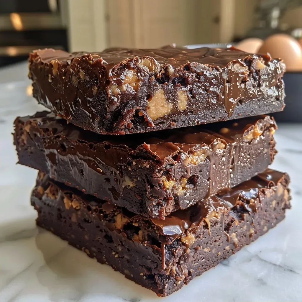 ['A close-up side view of homemade chocolate peanut butter brownies, showcasing a rich, gooey texture.', 'Juicy chocolate peanut butter brownies with a glossy top, highlighting their decadent layers.', 'Side view of brownies displaying a chocolate exterior with a creamy peanut butter swirl on top.', 'A detailed shot of chocolate peanut butter brownies, emphasizing their moistness and indulgent look.']