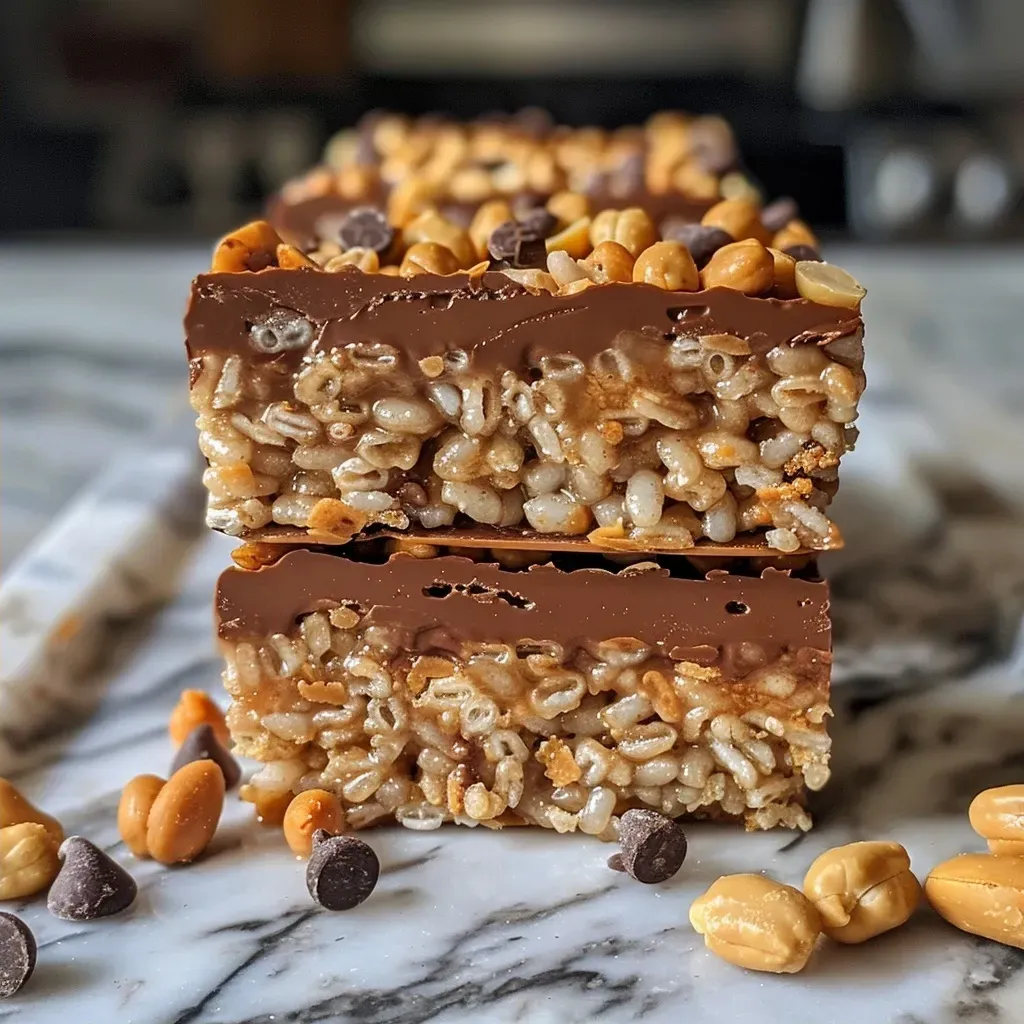 Close-up of a chocolate peanut butter crunch bar, showing its layered texture and chocolate drizzle.