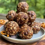 ['Close-up of chocolate peanut butter pretzel energy balls, showcasing their texture and components.', 'Side view of delicious energy balls made with oats, peanut butter, pretzels, and chocolate chips.', 'Juicy chocolate peanut butter pretzel energy balls arranged on a surface, highlighting their crunchy and chewy aspects.', 'A detailed look at energy balls featuring a mix of oats, pretzel pieces, and chocolate, perfect for a snack.']
